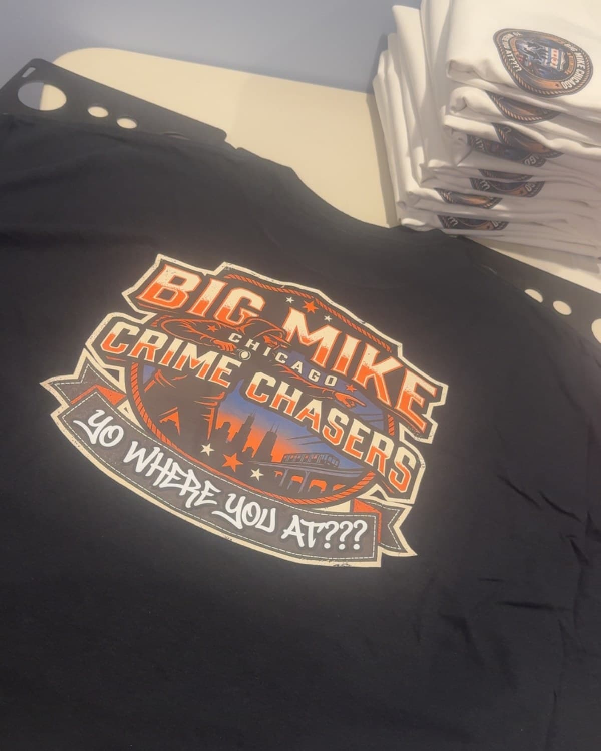 Crime Chasers print on a black tee